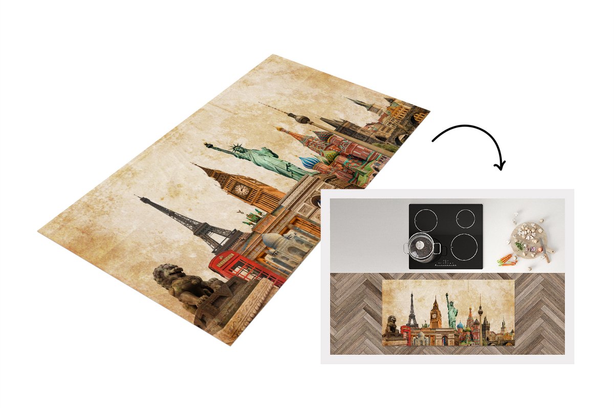 KitchenYeah Keukenloper - Loper keuken - Amerika - Vintage - Gebouwen - Collage - 120x60 cm - Keukenloper vinyl Multicolor