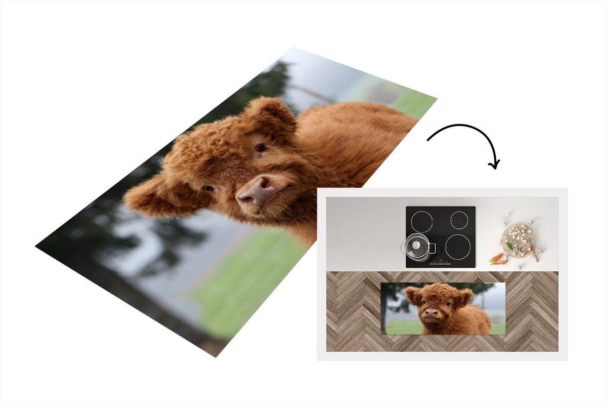 KitchenYeah Keukenloper - Loper keuken - Schotse Hooglander - Kalf - Gras - Keukenloper vinyl Multicolor