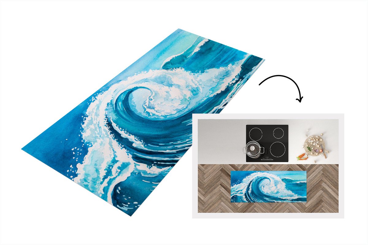 KitchenYeah Keukenloper - Loper keuken - Golf - Zee - Waterverf - 120x50 cm - Keukenloper vinyl Multicolor