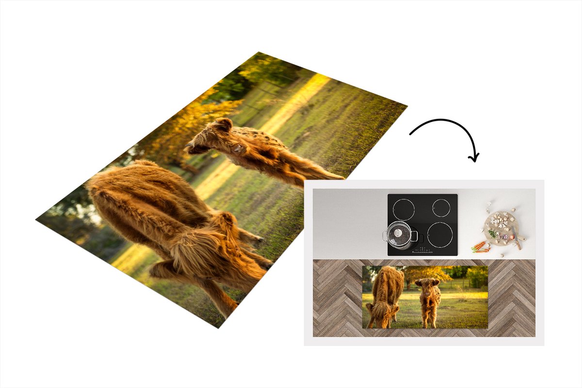 KitchenYeah Keukenloper - Loper keuken - Schotse Hooglanders - Kalfje - Herfst - 120x60 cm - Keukenloper vinyl Multicolor