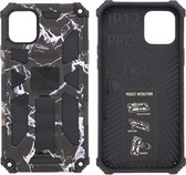 Hoesje Geschikt voor iPhone 12 (Pro) Hoesje - Rugged Extreme Backcover Marmer Camouflage met Kickstand - Zwart