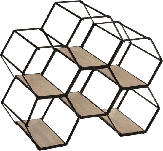Metalen hexagon flessenrek/wijnrek voor 6 flessen 26 x 15 x 29,5 cm zwart - Wijnfles houder
