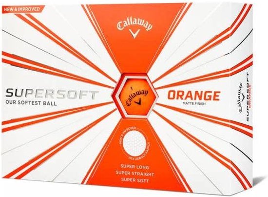 Doos Callaway Supersoft oranje golfballen met diagram.