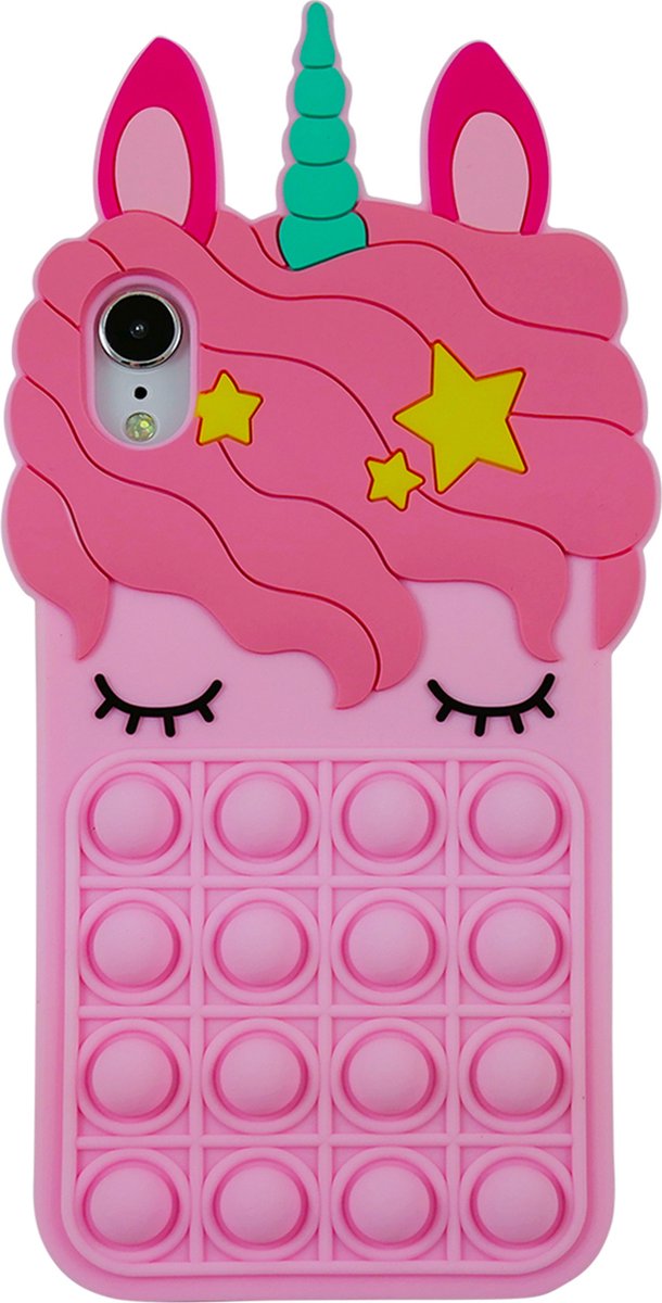 Peachy Unicorn Pop Fidget Bubble siliconen eenhoorn hoesje geschikt voor iPhone XR - roze