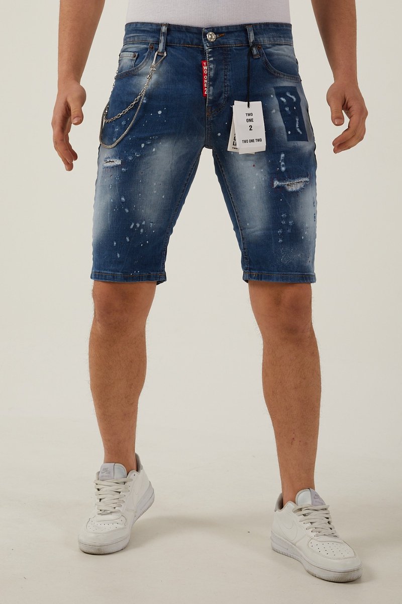212 By Xway Jeans K-513 | Ripped met Paint Splatter Heren Slim Fit Jeans Shorts | Korte Spijkerbroek | Slim Fit | Premium Street Fashion | Blauw