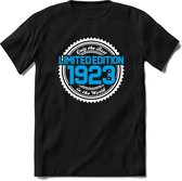 1923 Limited Edition | Feest Kado T-Shirt Heren - Dames | Wit - Blauw | Perfect Verjaardag Cadeau Shirt | Grappige Spreuken - Zinnen - Teksten | Maat L