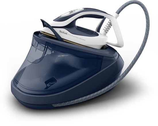 De donkerblauwe Tefal Pro Express Ultimate II stoomgenerator met een wit strijkijzer erop. De waterniveaumarkering is zichtbaar.