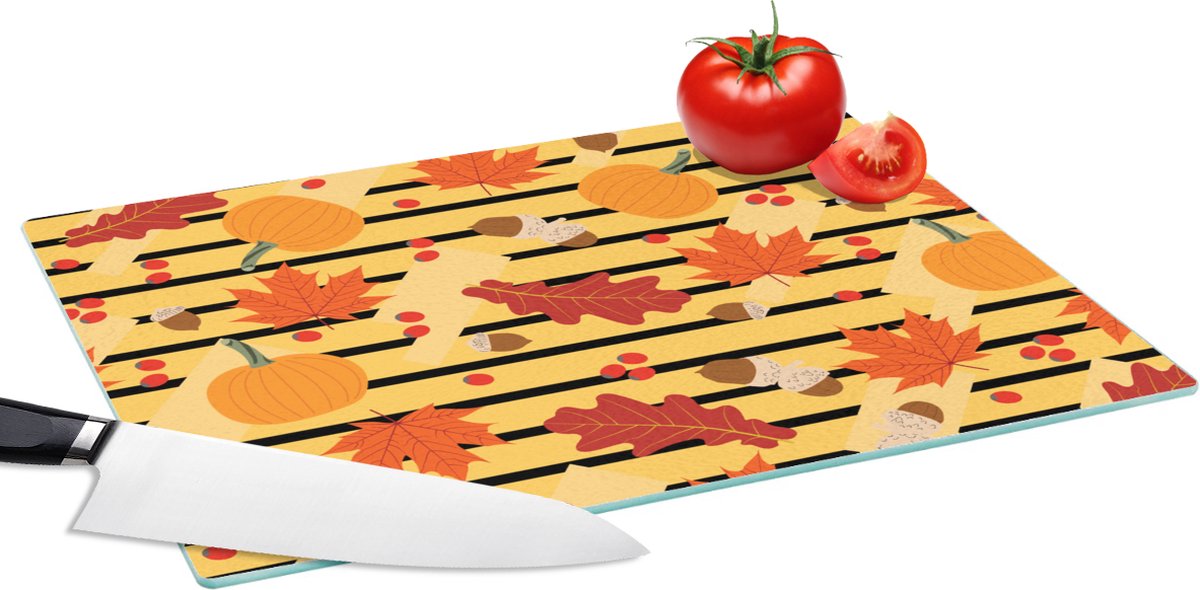 Glazen Snijplank - 39x28 - Pompoen - Bes - Bladeren - Herfst - Patroon - Snijplanken Glas