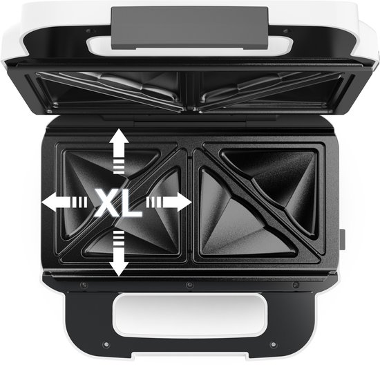 Bovenaanzicht van de open Tefal Snack XL tosti- en wafelmaker met XL-markeringen.