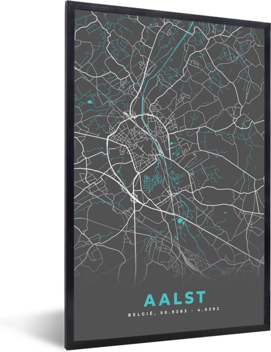 Fotolijst incl. Poster - Plattegrond – Aalst – Blauw – Stadskaart - Kaart - 20x30 cm - Posterlijst