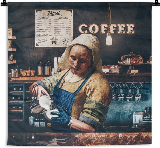 Wandkleed - Wanddoek - Melkmeisje - Barista - Cappuccino - Vermeer - Koffie - Kunst _ Schilderij - 90x90 cm - Wandtapijt