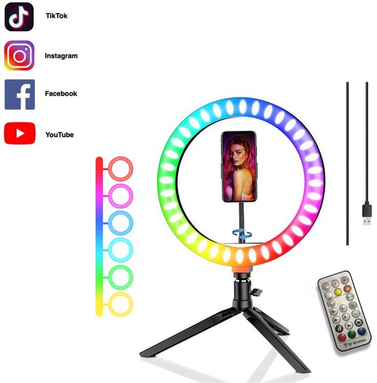 DommAr Selfie Ring Light - Selfir ring - Ringlamp -RGB LED Ring - 26cm Ringlamp Met Statief - Vele Kleuren - Dimbaar - Draadloze Afstandsbediening - 10 INCH - Make Up Lamp - TikTok - Instagram - Vlog.