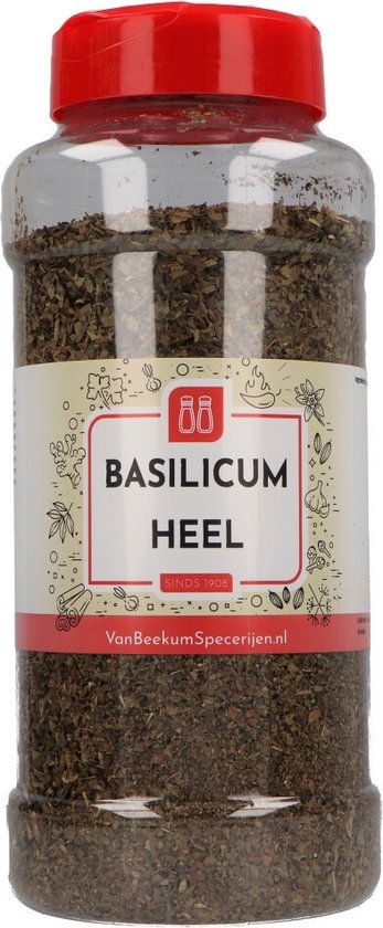 Van Beekum Specerijen Basilicum Heel 150g, gedroogde basilicumblaadjes in plastic strooibus met rood deksel.