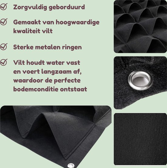 Zwart vilt materiaal met 18 vakken, metalen ringen, en textuurdetails.
