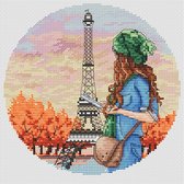 Parijs Eiffeltoren Toerist Meisje Borduurset 14CT DMC op Wit Borduurstof
