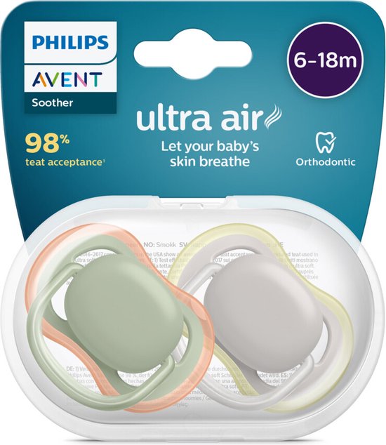 Philips Avent Ultra Air Night fopspeen voor baby's, van 6 tot 18 maanden, 4 stuks, inclusief sterilisatiebox, 6-18 M, Uni Mix
