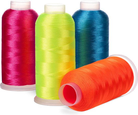 Navaris polyester neon naaimachinegaren set – 4 spoelenset met felle neon kleuren – 5000 m per klos – Voor machine en handnaaien