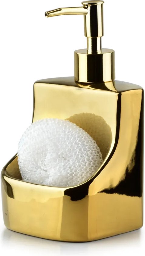 Affekdesign Amira Gold zeepdispenser zeeppompje gemaakt van keramiek - 9 x 9,5 x 18 cm - goud - luxe en elegant design - handig bakje voorop - inclusief schuursponsje - handzeepdispenser