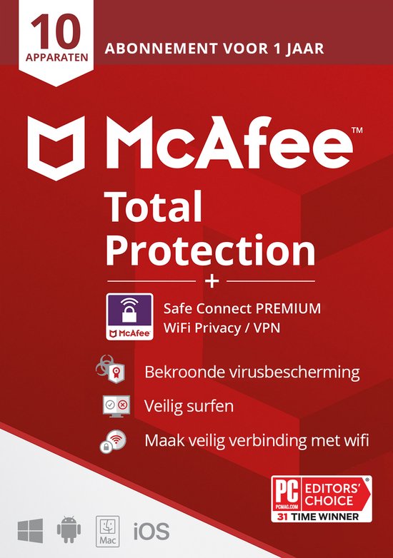 McAfee Total Protection 10 apparaten + McAfee VPN Premium 5 apparaten - PC/Mac/iOS/Android Download