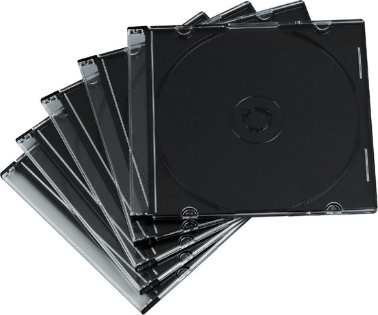 Boîtiers CD SLIM noirs ouverts Hama, empilés en éventail.