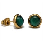 Aramat jewels ® - Oorbellen zweerknopjes groen cats eye goudkleurig chirurgisch staal 8mm