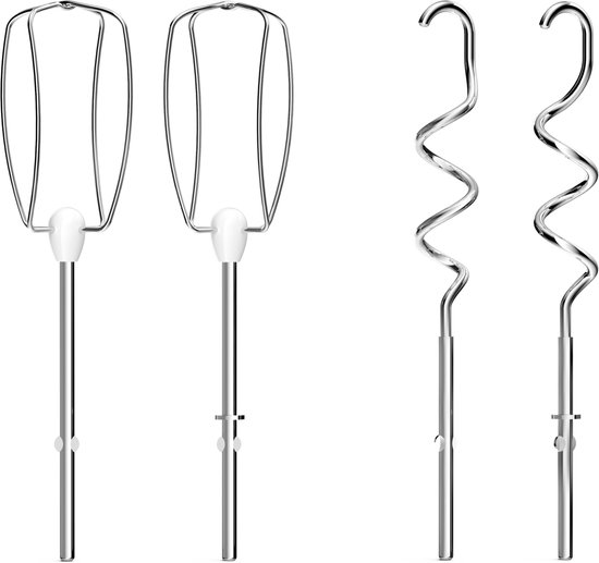 Set van twee zilveren gardes en twee zilveren deeghaken voor een handmixer.