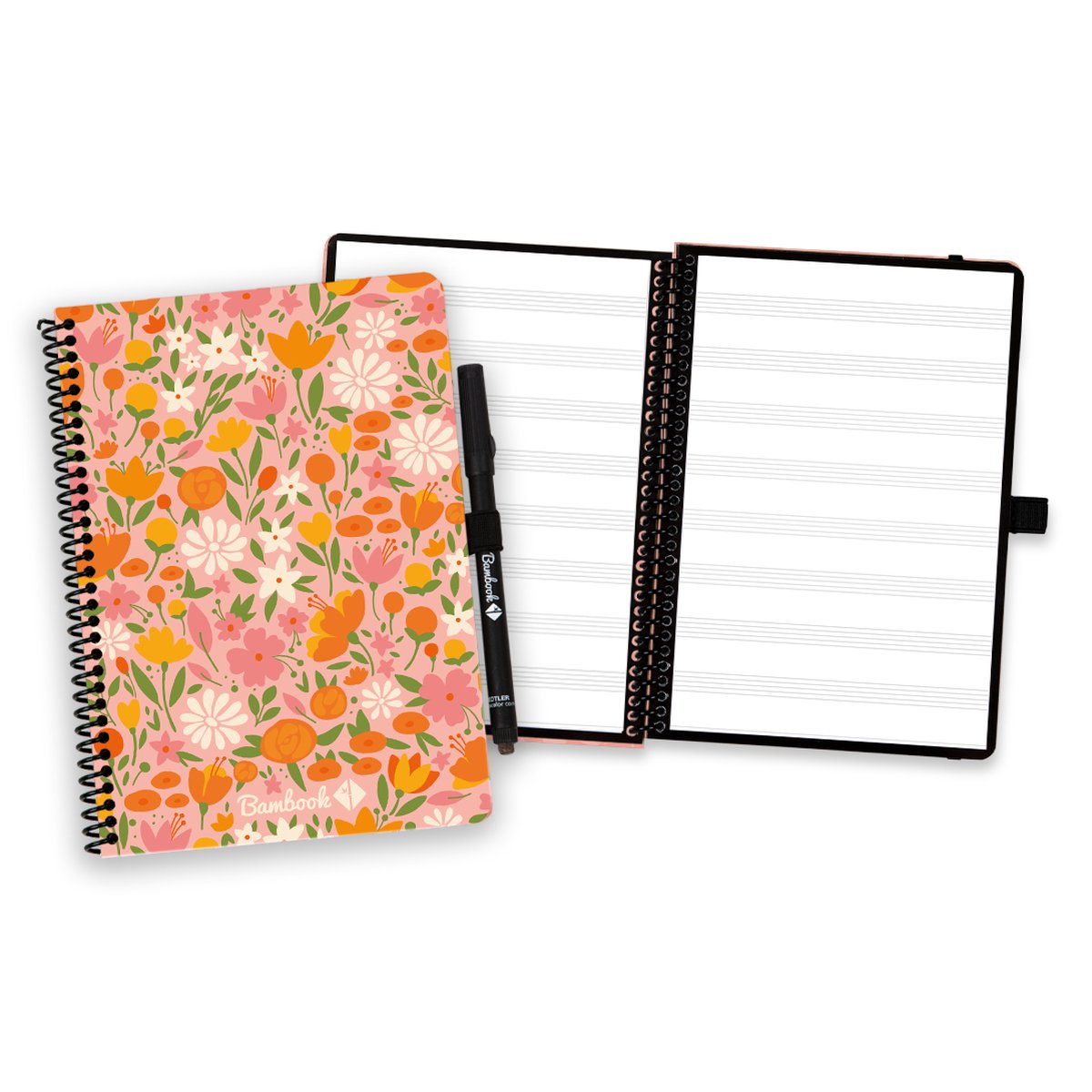 Bambook Floral uitwisbaar notitieboek - Softcover - A5 - Pagina's: Bladmuziek - Duurzaam, herbruikbaar whiteboard schrift - Met 1 gratis stift