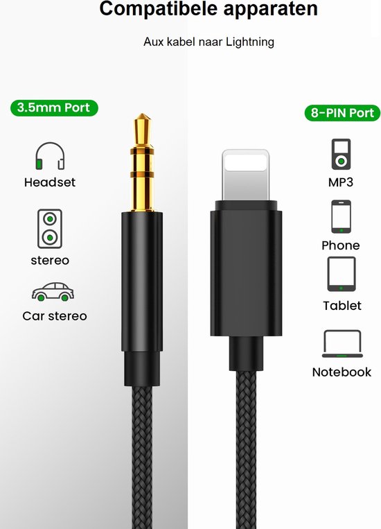 Aux Kabel Auto geschikt voor iPhone - Headphone Jack Audio Aux Kabel - 3,5 mm - 1 Meter - Zwart gevlochten - ThunderGold