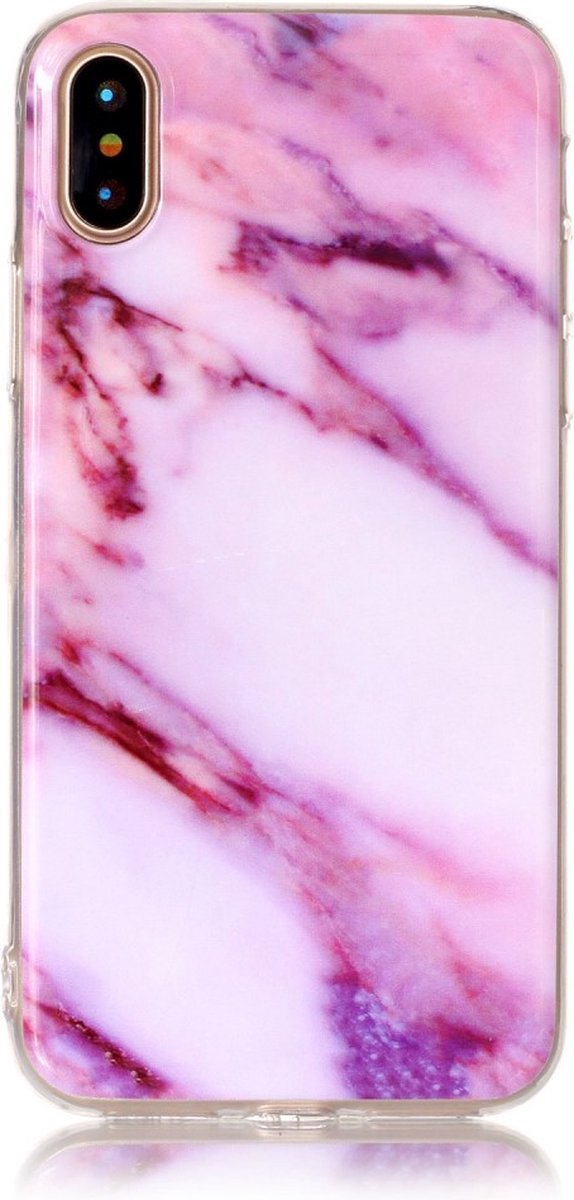 Peachy Roze marmer hoesje geschikt voor iPhone X XS paars case TPU marble