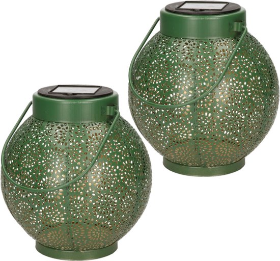 Set van 2x stuks solar lantaarn ijzer groen met cirkel patroon en hengsel 16 cm - Tuinlantaarns - Solarverlichting - Tuinverlichting