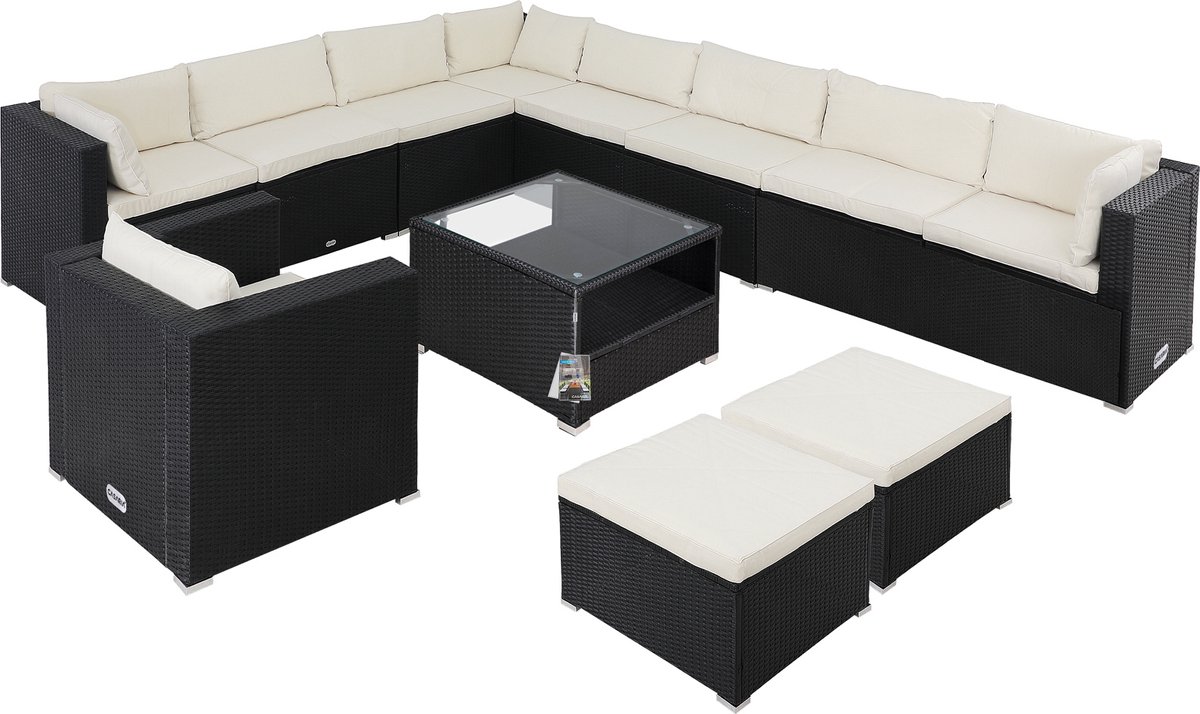 Casaria Polyrattan Loungeset XL – Kussens & Tafel Glas - Zwart Crème