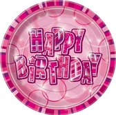 feestborden "Happy Birthday" roze 22,8 cm 8 stuks