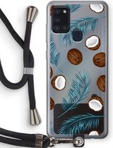 Case Company® - Samsung Galaxy A21s hoesje met Koord - Kokosnoot - Telefoonhoesje met Zwart Koord - Bescherming aan alle Kanten en Over de Schermrand