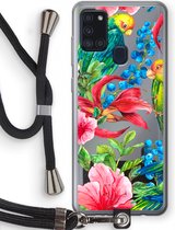 Case Company® - Samsung Galaxy A21s hoesje met Koord - Papegaaien - Telefoonhoesje met Zwart Koord - Bescherming aan alle Kanten en Over de Schermrand