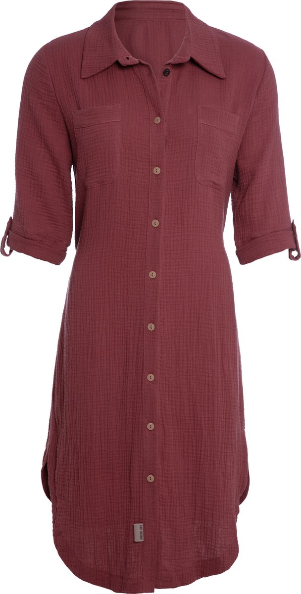 Knit Factory Kim Dames Blousejurk - Lange blouse dames - Blouse jurk rood - Zomerjurk - Overhemd jurk - S - Stone Red - 100% Biologisch katoen - Knielengte