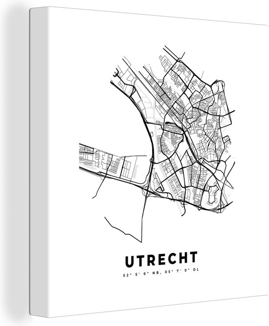 Canvas Schilderij Kaart – Plattegrond – Stadskaart – Utrecht – Nederland – Zwart Wit - 20x20 cm - Wanddecoratie