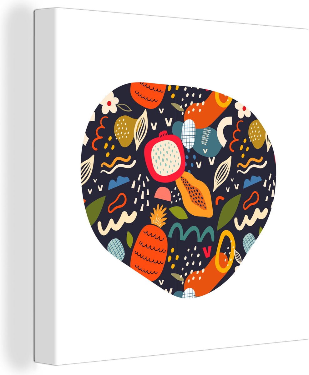 Canvas Schilderij Collage - Fruit - Abstract - Blauw - Ananas - 50x50 cm - Wanddecoratie