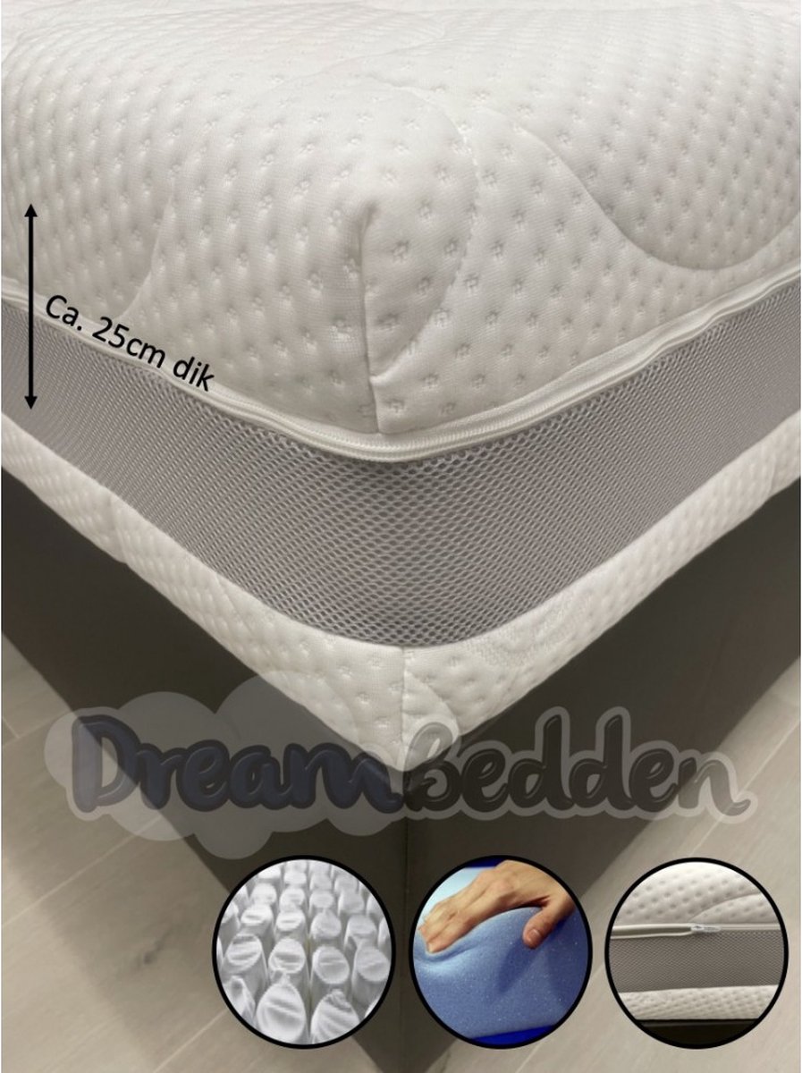 dreambedden Matras 160x210 Pocketvering HR55 koudschuim 9-zones 1000 veren m2 Tencel Hoes ca. 25cm dik Wit