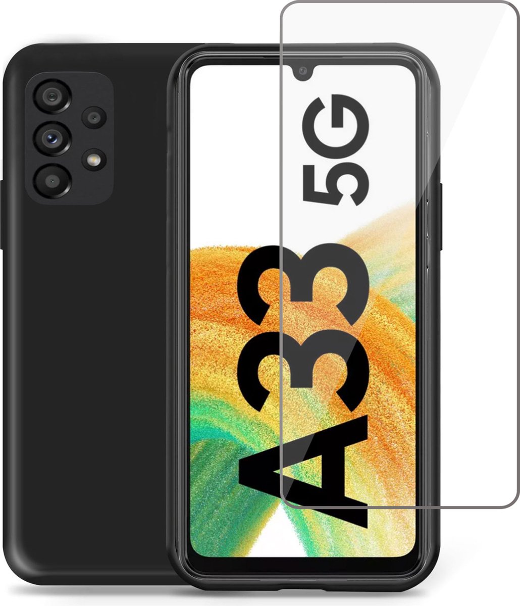 Geschikt voor Samsung A33 5G Hoesje + Screenprotector – Gehard Glas Cover - Suède Case Zwart