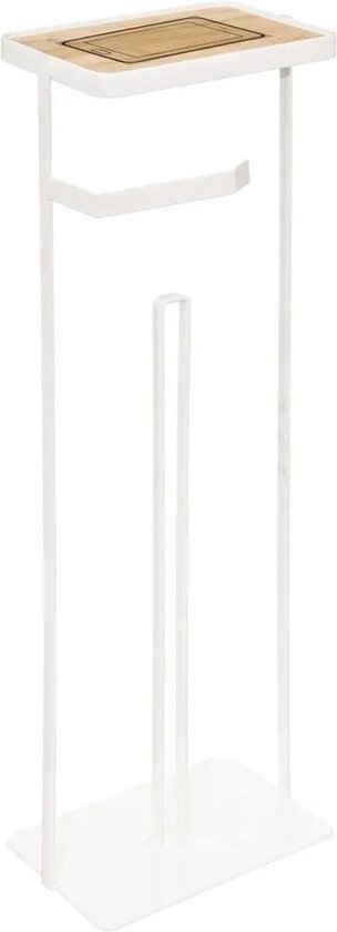 Porte-rouleau toilette blanc sur pied avec tablette en bois et support pour 2 rouleaux, 18x59cm.