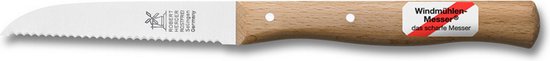 Gekarteld mes met licht gebogen lemmet en houten handvat met label "Windmühlen Messer das scharfe Messer".