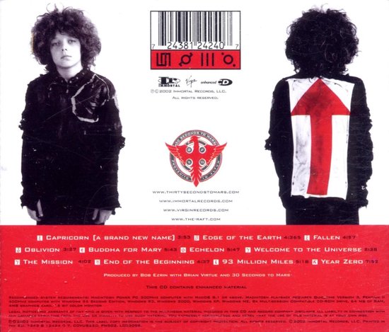 Jongeman met donker krullend haar, zwarte jas, kijkt naar de camera. Achterkant van de albumhoes met barcode, logo en tracklist.