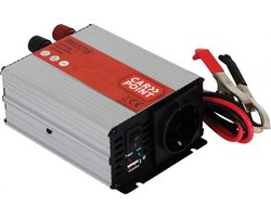 Carpoint Omvormer - 12V>230V - Continu vermogen 300W - Piekvermogen 600 Watt – Uitgang Frans/Belgisch stopcontact - USB poort om ander apparaat op te laden - Aansluiting via accu met accuklemmen – Ingebouwde koelventilator - Afmeting 120x100x50mm