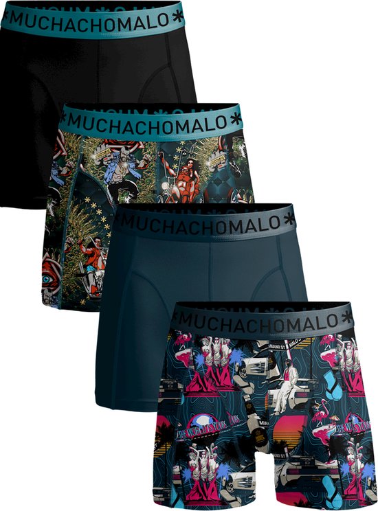 Vier Muchachomalo boxershorts: één zwart, één met print van motoren en patronen, één effen blauwgroen, één met Miami-print.