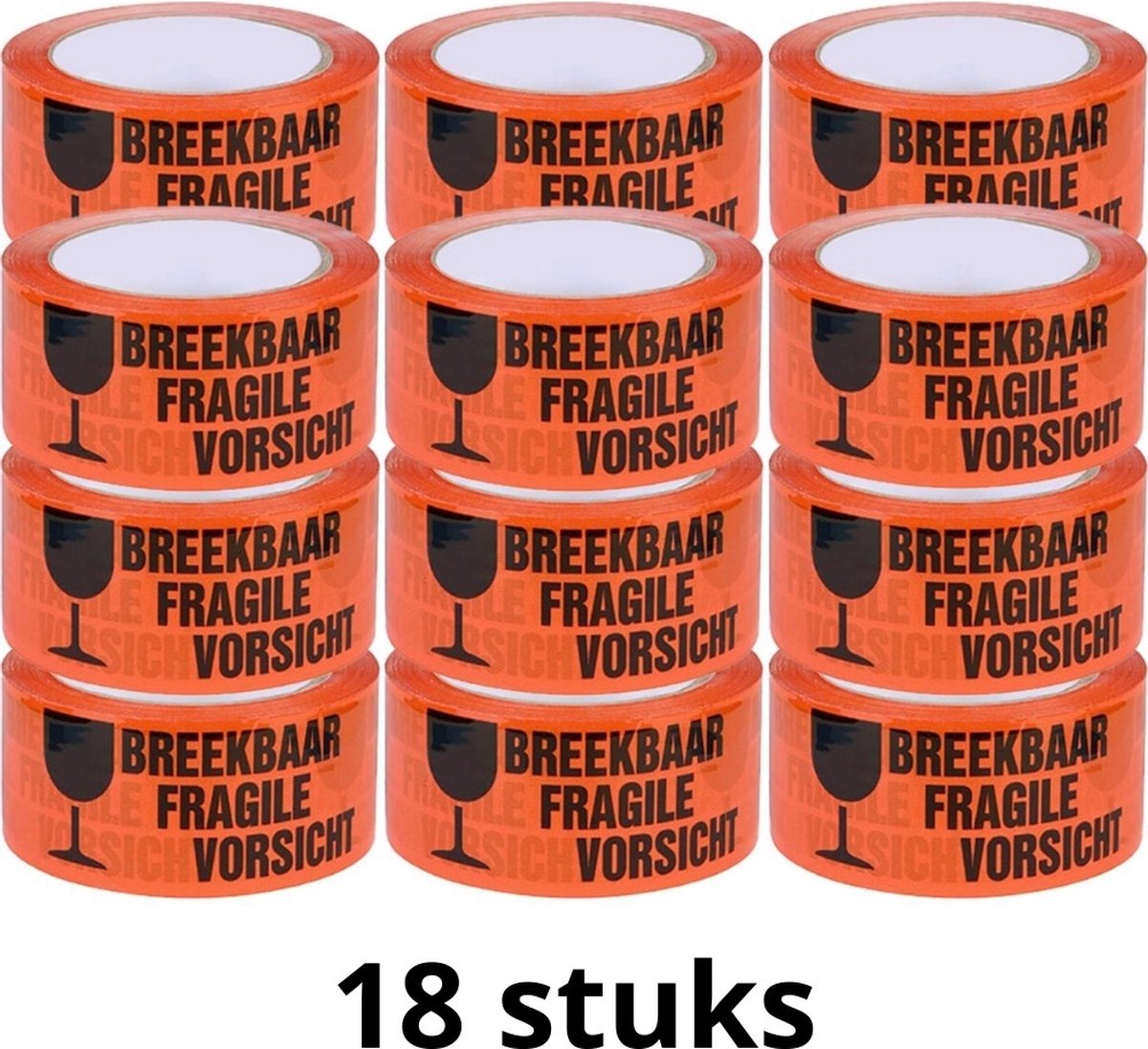 Waarschuwingstape - PP Acryl Tape - Breekbaar - 18 stuks - 50 mm x 60 meter