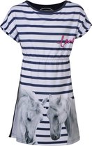 Meisjes jurk korte mouwen  love/paarden print - gestreept marine/wit | Maat 128/ 8Y