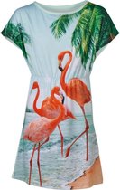 Meisjes jurk korte mouwen  flamingo print - aqua groen | Maat 116/ 6Y