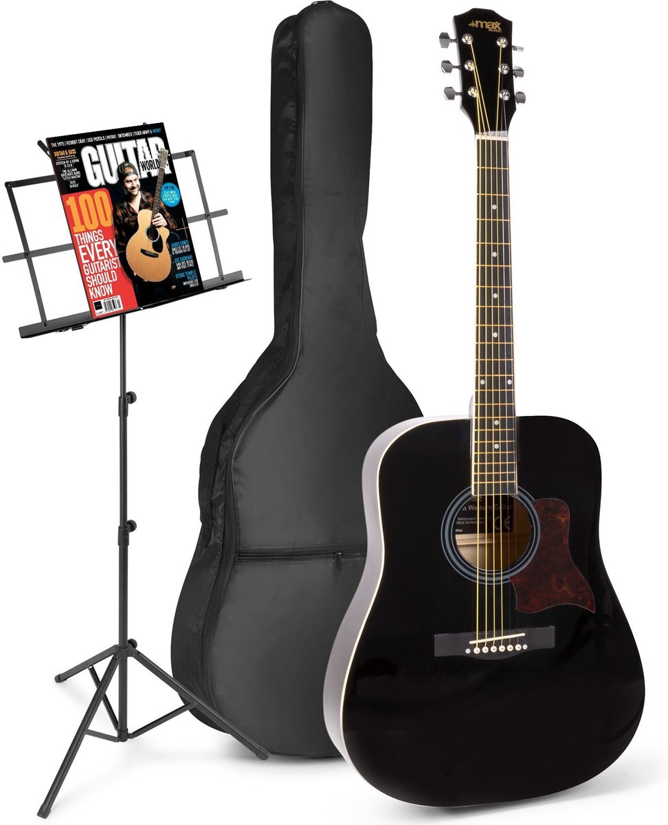 Akoestische gitaar voor beginners - MAX SoloJam Western gitaar - Incl. muziekstandaard, gitaar stemapparaat, gitaartas en 2x plectrum - Zwart
