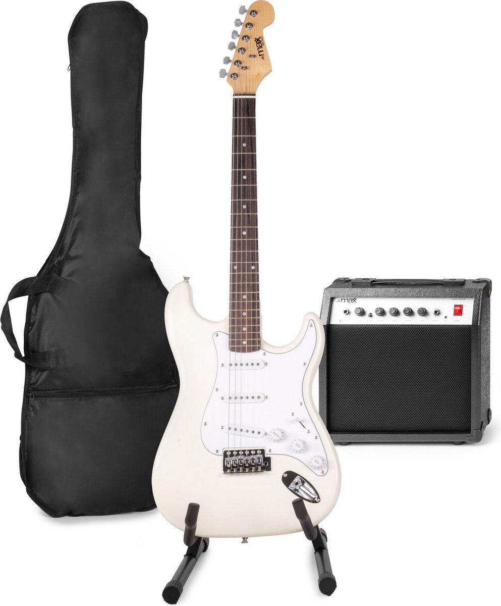 Elektrische gitaar met gitaar versterker - MAX Gigkit - Perfect voor beginners - incl. gitaar standaard, gitaar stemapparaat, gitaartas en plectrum - Wit