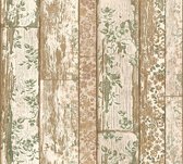 BLOEMEN OP PLANKEN  BEHANG - Beige Bruin Groen - Bloemenmotief - AS Creation Neue Bude 2.0